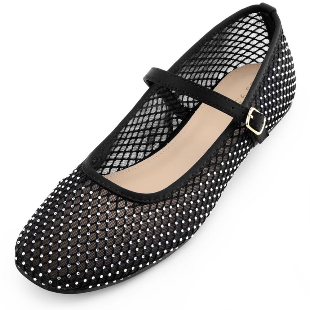Rhinestone Mesh Ballet Buckle Strap slip on Ballerina Mary Jane Flat Black